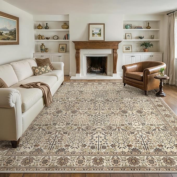 Bavni Washable Rugs 8x10-Machine Washable Rug Lightweight Low Pile, Vintage Floral Rug Non-Shedding Distressed Throw Carpet for Living Room Bedroom Office, Dark Espresso