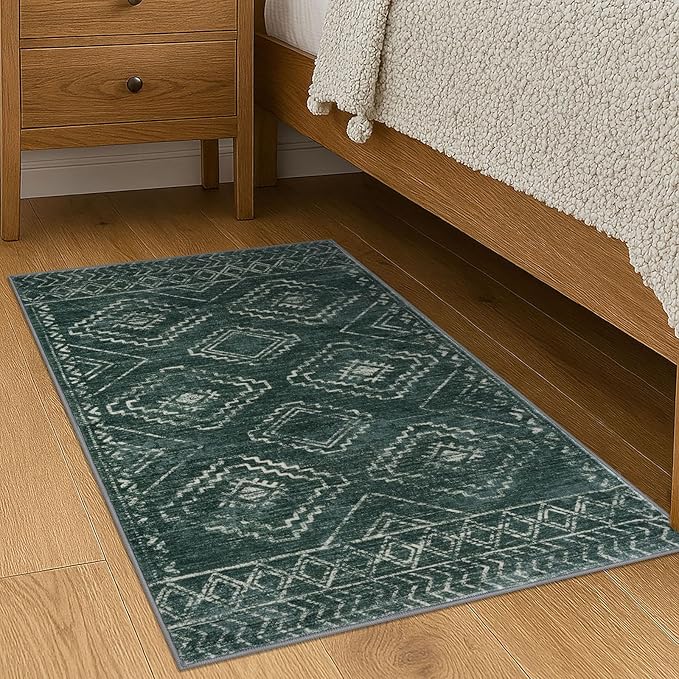 KILOCOCO Boho Entryway Rug 2x3 Printed Small Area Rug Indoor Door Mat Machine Washable Kitchen Rugs Super Soft Non Slip Throw Rugs for Bedroom Entrance Geometric Laundry Room, Green