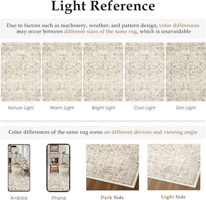 Light Brown Area Rug 10x14 Machine Washable Large Vintage Living Room Distressed Non Slip Carpet Traditional Indoor Bedroom Retro Floral Accent Throw Rug for Office Kitchen Dining Room
