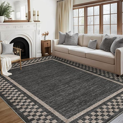 GarveeHome Modern Bordered 9x12 Area Rugs for Living Room Bedroom Soft Washable Large Bedroom Throw Carpet Non Slip Checkered Geometric Rugs for Dining Room Home Decor Office, Black