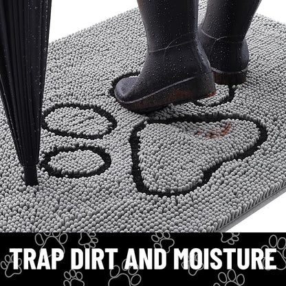 Smiry Dog Door Mat for Muddy Paws, Absorbent Dirt Trapper Non Slip Quick Dry Washable Chenille Mat for Mud Dogs, Entry Rug for Indoor and Outdoor (24x16 Inches, Grey and Black)