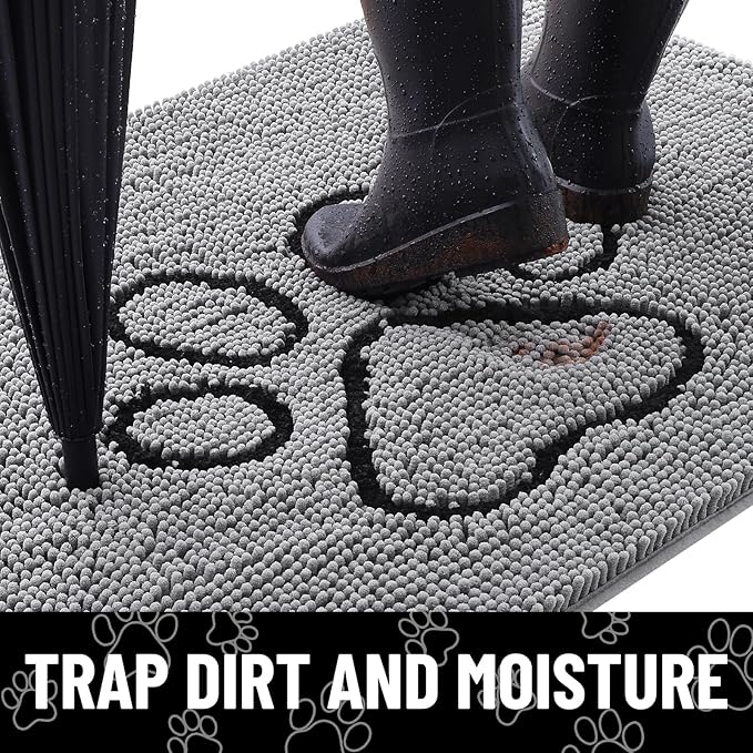 Smiry Dog Door Mat for Muddy Paws, Absorbent Dirt Trapper Non Slip Quick Dry Washable Chenille Mat for Mud Dogs, Entry Rug for Indoor and Outdoor (47x32 Inches, Grey and Black)