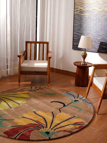 Rugsotic Carpets Hand Tufted Wool ECO-Friendly Area Rugs - 8'x8', Round Shape, Camel, Floral Modern Design, High Pile Thick Handmade Anti Skid Area Rugs for Living Room, Bed Room (K00219)