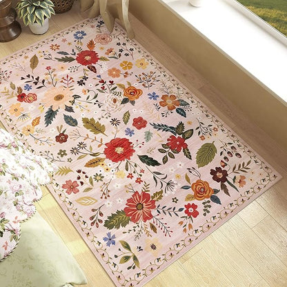 3x5 Area Rug, Floral Pink Washable Rug for Entryway, Non Slip Flower Area Rugs, Soft Low Pile Indoor Doormat Small Carpet, Rugs for Living Room Bedroom Nursery Kitchen Dining Room, Pink/Beige
