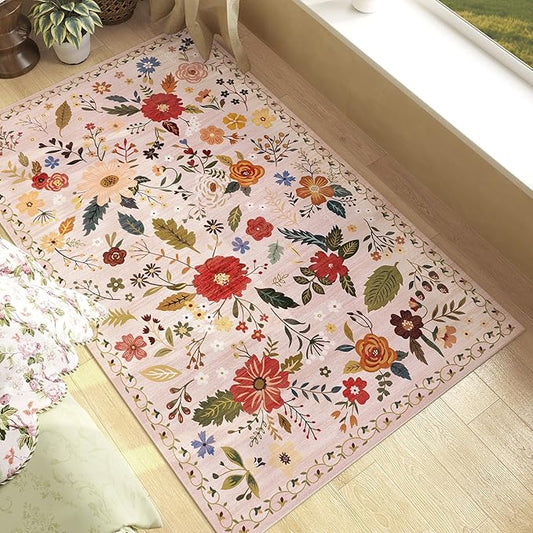 3x5 Area Rug, Floral Pink Washable Rug for Entryway, Non Slip Flower Area Rugs, Soft Low Pile Indoor Doormat Small Carpet, Rugs for Living Room Bedroom Nursery Kitchen Dining Room, Pink/Beige