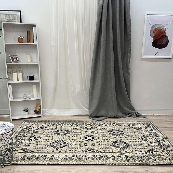 Alfa Rich 4x6 Beige Black Washable Area Rugs for Living Room Bedroom Kitchen Dining Cotton Rug