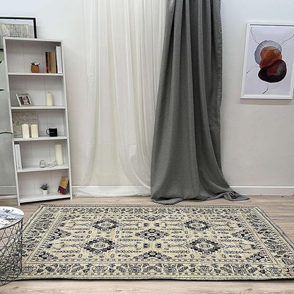 Alfa Rich 4x6 Beige Black Washable Area Rugs for Living Room Bedroom Kitchen Dining Cotton Rug