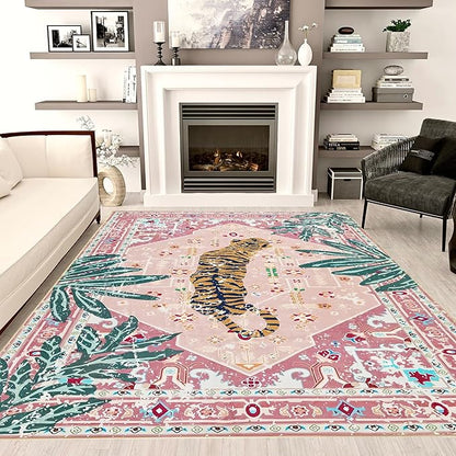 Pink Rug 5x7 Large Washable Animal Print Rug Non-Slip Tropical Jungle Indoor Carpet for Bedroom Nursery Dorm Kitchen Living Room Decor