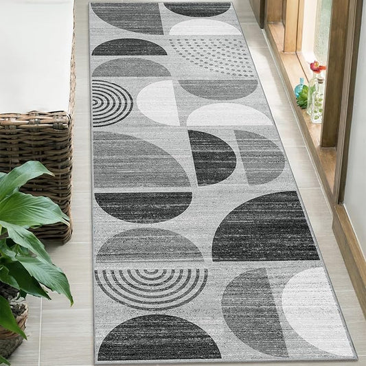 MUJOO Runner Rug Washable,2x6 Area Rugs for Hallways Kitchen Bathroom Bedroom Entryway,Non Slip Carpet Long Mat Indoor,Boho Soft Modern Abstract Black and Grey