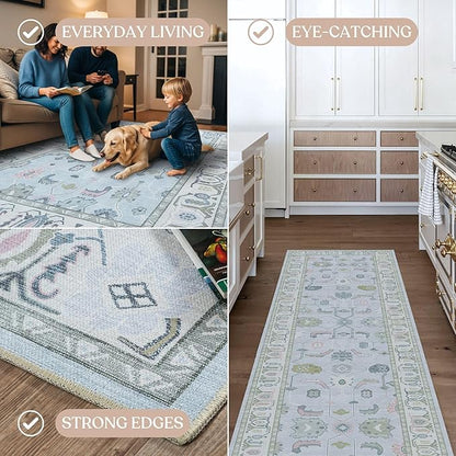 Fame Living Cream Blue Oushak Rug, Modern, Vintage, Turkish, Eclectic, Floral, Pastel, Washable, Oversized, Extra Large Area Rugs for Living Room, Dining, Bedroom, Lounge 9'5"x14'