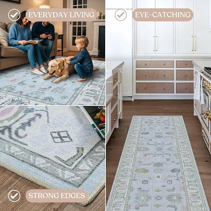 Fame Living Cream Blue Oushak Rug, Modern Rugs, Vintage, Turkish, Eclectic, Floral, Pastel, Washable, Small Throw, Accent Area Rug for Living Room, Bedroom, Kitchen, Bathroom, 2'5"x4'9