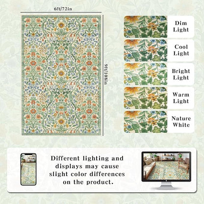 Floral Washable 6x9 Area Rug，Grass Green Boho Rugs for Living Room, Soft Low-Pile Non-Slip Stain Resistant & Non-Shedding Carpet for Bedroom, Dining Room, Office, Entryway, Nursery