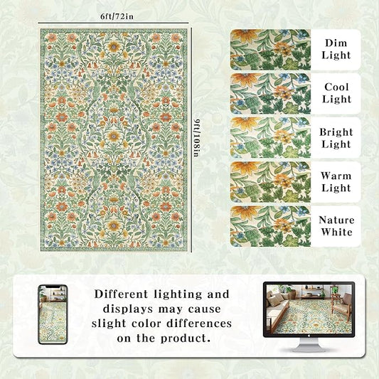 Floral Washable 6x9 Area Rug，Grass Green Boho Rugs for Living Room, Soft Low-Pile Non-Slip Stain Resistant & Non-Shedding Carpet for Bedroom, Dining Room, Office, Entryway, Nursery