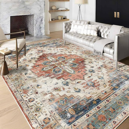 Enkor Area Soft Rugs 6x9 Washable Non Slip Boho Floor Rugs for Living Room Bedroom, Vintage Style Farmhouse Mat for Kitchen Entryway Beige & Red