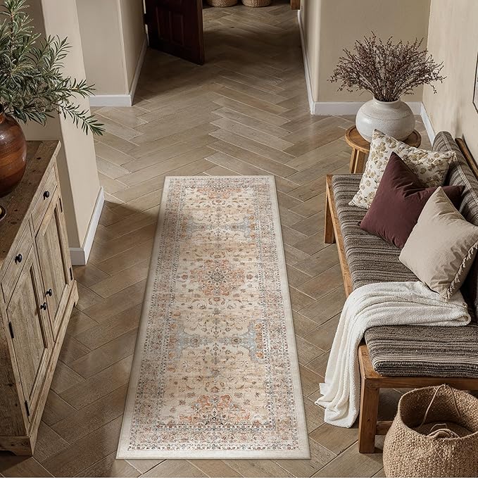 HUGEAR Machine Washable Hallway Runner Rugs 2x6 Vintage Orange Neutral Style Non Slip Stain Resistant Low Pile Throw Carpet for Bedroom Kitchen Retro Aesthetic Modern Decor