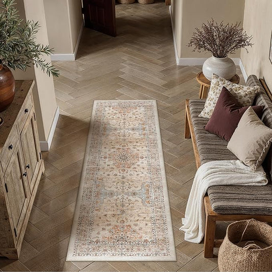 HUGEAR Machine Washable Hallway Runner Rugs 2x6 Vintage Orange Neutral Style Non Slip Stain Resistant Low Pile Throw Carpet for Bedroom Kitchen Retro Aesthetic Modern Decor