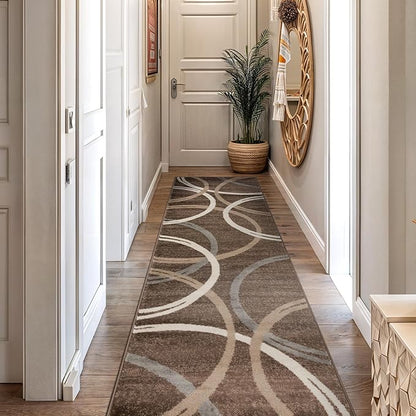 Rugshop Modern Wavy Circles Design Runner Rug, Non-Shedding Carpet for Hallway, Entryway, or Kitchen, Brown, 2'7" x 10'