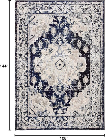 SAFAVIEH Monaco Collection Area Rug - 9' x 12', Ivory & Navy, Boho Chic Medallion Distressed Design, Non-Shedding & Easy Care, Ideal for High Traffic Areas in Living Room, Bedroom (MNC243C)
