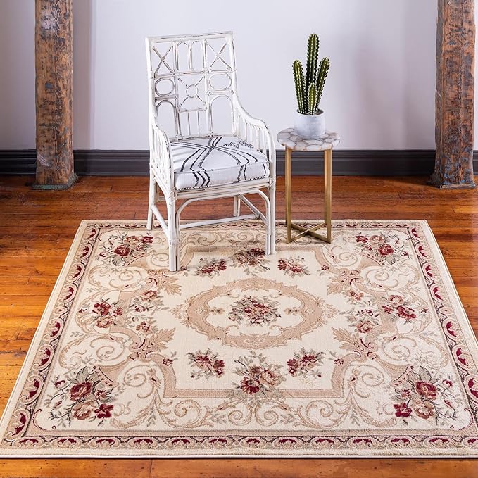 Rugs.com Chateau Collection Rug – 6 Ft Square Cream Medium Rug Perfect for Living Rooms, Kitchens, Entryways