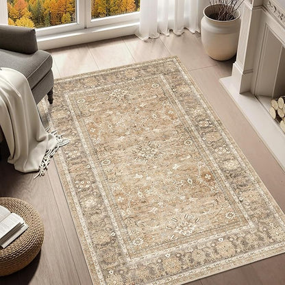HelloTree Vintage Area Rug 4x6 Khaki Entryway Office Washable Carpet Non Slip Backing Printed Distressed Rugs for Bedroom Vintage Boho Tribal Area Rugs for Bathroom Bedroom Dining Living Room-Khaki