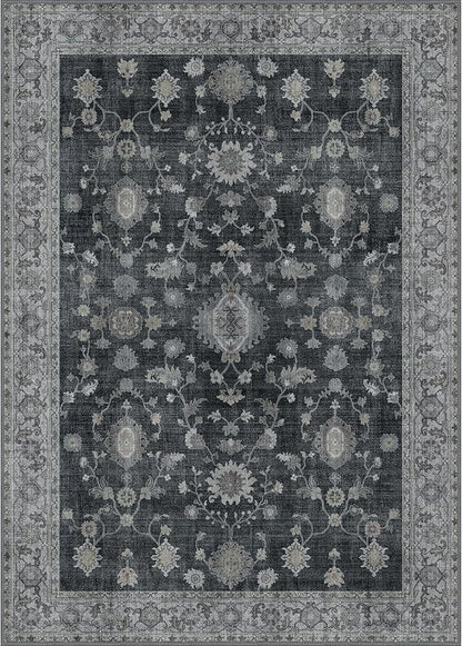 GENIMO Machine Washable 8x10 Area Rugs for Living Room, Non Slip Vintage Rugs, Low Pile Lightweight Chenille Print Rug for Bedroom, Dining Room, Home Office, Charcoal