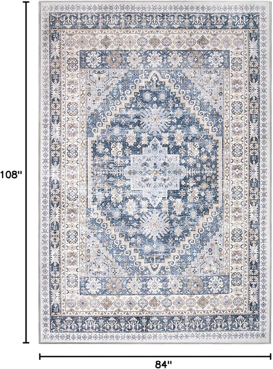 zesthome 7x9 Area Rug, Super Soft Washable Rugs for Living Room, Non-Slip Stain Resistant Vintage Rugs, Ultra-Thin Large Area Rugs (Blue/Beige,7'x9')