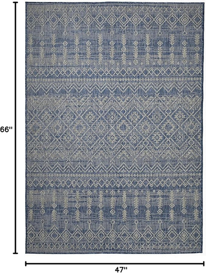 FH Home Flat Woven Outdoor Rug - Waterproof, Easy to Clean, Stain resistant - Premium Polypropylene Yarn - Boho Moroccan - Patio, Deck, Porch, Balcony, Laundry Room - Dakar - Blue - 3ft 11in x 5ft 6in
