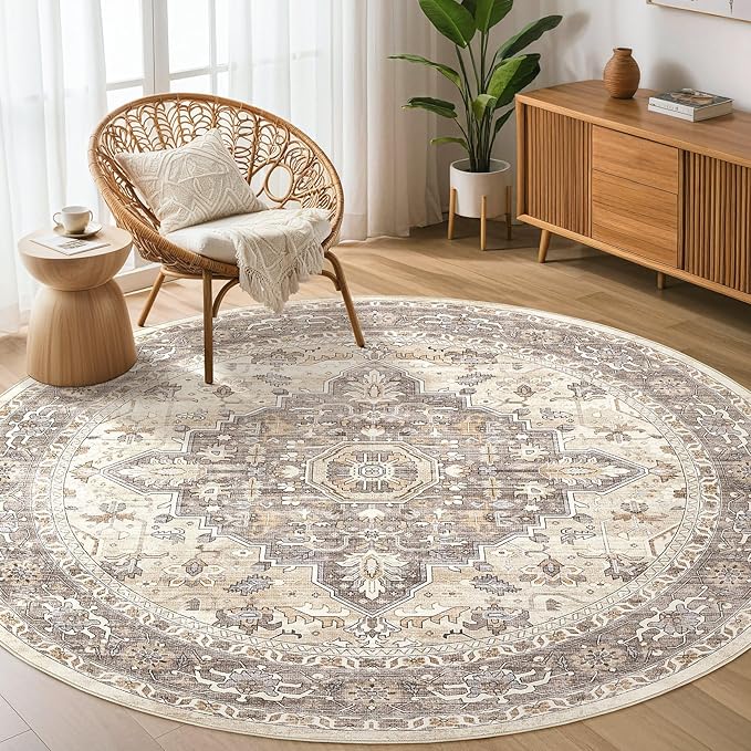 Round Rug Living Room Rugs: 4x4 Washable Boho Neutral Circle Soft Non-Slip Indoor Vintage Stain Resistant Floor Farmhouse Carpet for Bedroom Nursery Kids Playroom Entryway Dorm Home- Beige Brown
