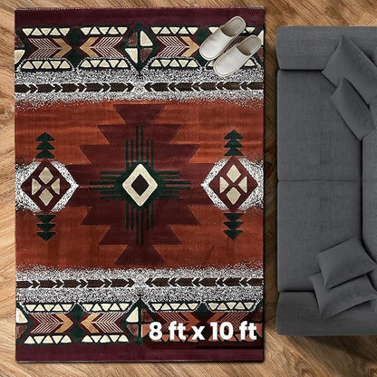 YHSF South West Native American Area Rug C318 - Easy Clean, Thick, Soft, Durable Native Tribal American Indian Inspired Rug for Bedroom/Living Room and More - Rust, 8 Feet x 10 Feet
