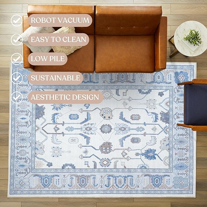 Fame Living Cream Blue Oushak Rug, Modern Small Rugs, Vintage, Turkish, Eclectic, Floral, Pastel, Washable, Door Mat, Doormat for Indoor Entrance, Entryway, Kitchen, Bathroom, Bedroom, Laundry, 2'x3'