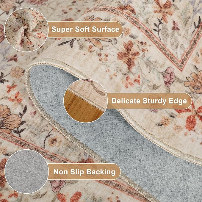 DUKINO 2x5 Washable Runner Rug, Floral Non Slip Bathroom Rugs with Soft Low Pile Design, Lightweight Non-Shedding Carpet Runner for Bathroom, Kitchen, Hallway, Bedroom, Laundry, Beige