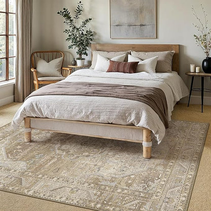 5x7 Washable Vintage Area Rug for Living Room Bedroom Non Slip Distressed Traditional Soft Large Throw Rug Beige Brown Low Pile Lightweight Floral Carpet Office Classroom Dining Laundry Room