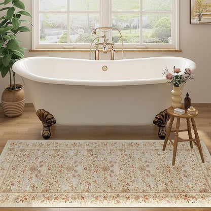 DUKINO 2x5 Washable Runner Rug, Floral Non Slip Bathroom Rugs with Soft Low Pile Design, Lightweight Non-Shedding Carpet Runner for Bathroom, Kitchen, Hallway, Bedroom, Laundry, Beige