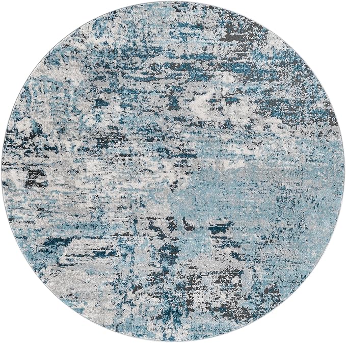 Rugs.com Leipzig Collection Rug – 5 Ft Round Blue Low-Pile Rug Perfect for Kitchens, Dining Rooms