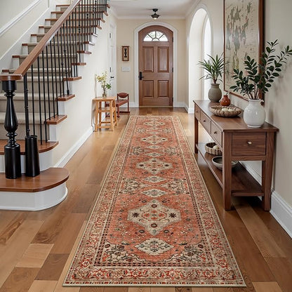 Tangsoo Boho Hallway Runner Rug 2.6x10 Washable Runner Rug for Hallways, Non Slip Vintage Soft Low Pile Long Rug Runner, Oriental Terracotta Carpet Runners for Kitchen Bedroom Entryway Living Room