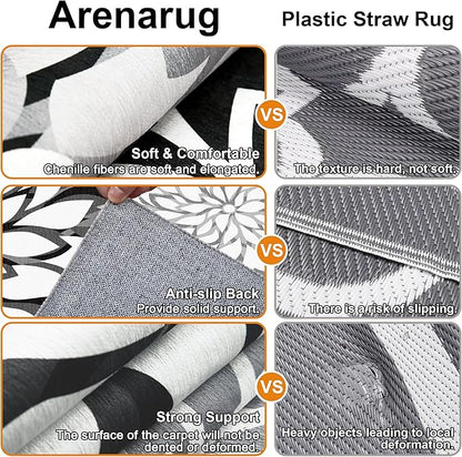 6x9 Outdoor Area Rug Washable Multicolored Patio Rug Tropical Botanical Floral Chenille Waterproof Outdoor Carpet Non-Slip for Patio, Deck, Backyard, Porch, Black