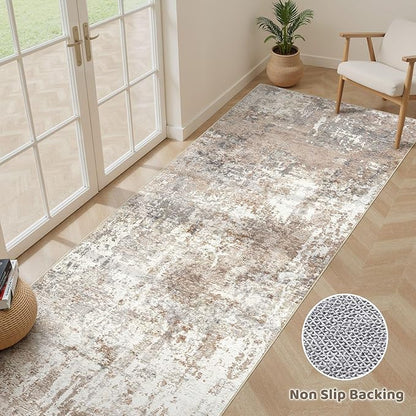 Runner Rug Kitchen Washable Rugs: 2x6 Non-Slip Abstract Soft Modern Stain Resistant Indoor Floor Neutral Accent Throw Carpet for Hallway Bathroom Laundry Room Entryway Bedroom- Brown
