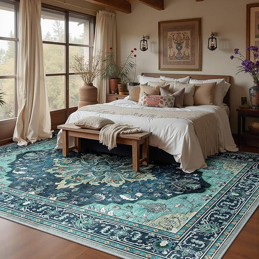 Area Rugs 10'x14' Washable Non-Slip, Floral Vintage Distress Print Pattern Medallion Carpet for Living Room Bedroom Dining Room, Teal Green Lake Blue Turquoise