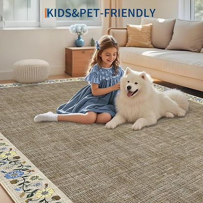 GarveeHome Entryway Rug 2x6 Modern Bordered Runner Rug Washable Kitchen Runners for Hallway Non-Slip Low-Pile Soft Carpet Floral Print Bathroom Mat for Bedroom Laundry Room, Dark Camel