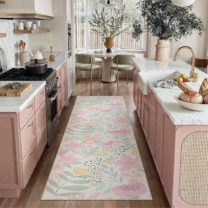 Floral Runner Rug 3x10 Washable Hallway Pink Bedroom Non Slip Cute Long Kitchen Carpet Botanical Indoor Soft Accent Rug for Bathroom Dining Laundry Living Room