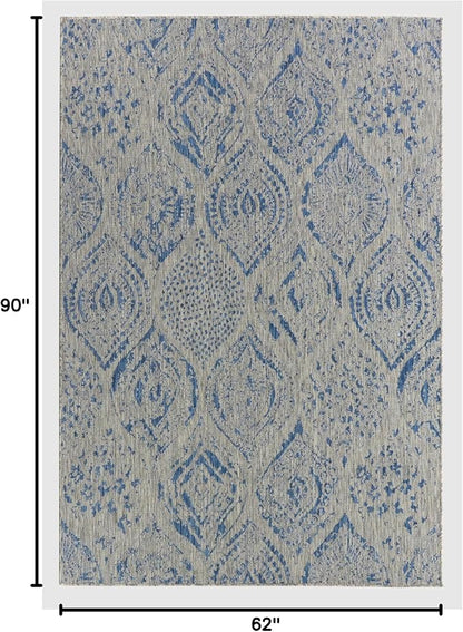 FH Home Outdoor Rug - Waterproof Easy to Clean Stain Resistant - Patio Indoor Outdoor Porch Deck Balcony Entryway - Distressed Farmhouse - Granada - Blue - 5ft 2in x 7ft 6in