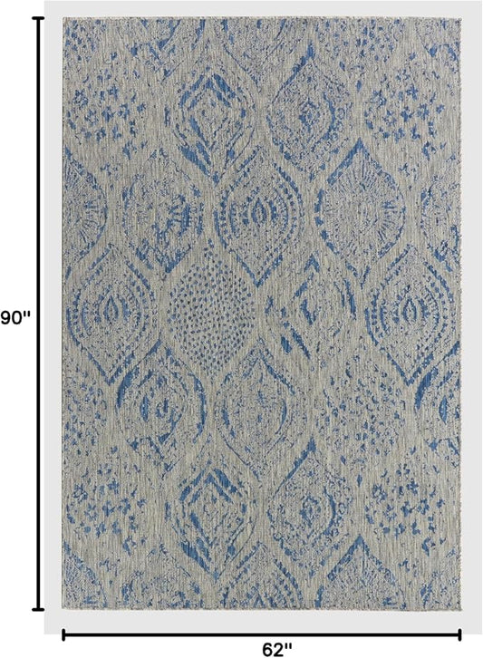FH Home Outdoor Rug - Waterproof Easy to Clean Stain Resistant - Patio Indoor Outdoor Porch Deck Balcony Entryway - Distressed Farmhouse - Granada - Blue - 5ft 2in x 7ft 6in