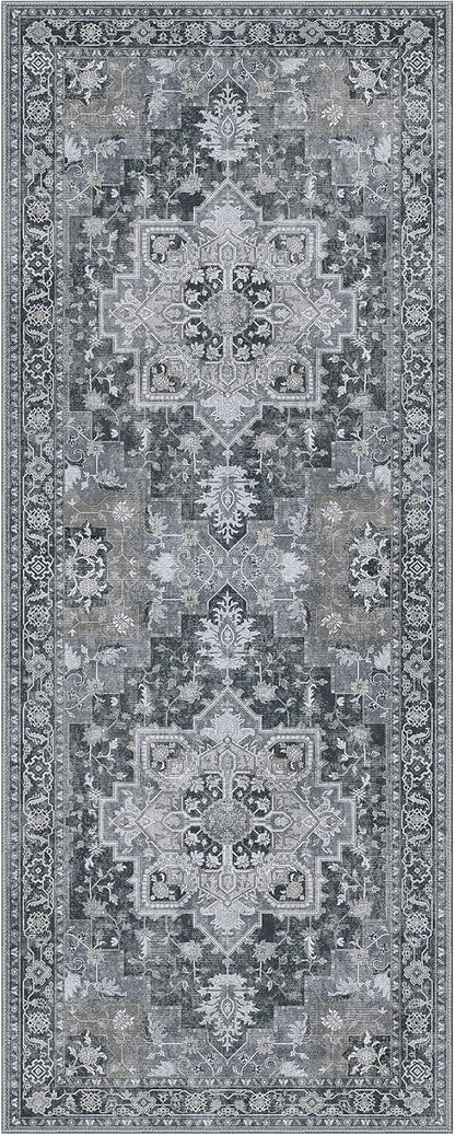 GENIMO 2'6''x12 Runner Rugs for Hallway, Machine Washable Non Slip Vintage Rugs, Low Pile Lightweight Soft Print Rug for enrtyway, Corridor, Home Office, Kitchen,Dark Gray