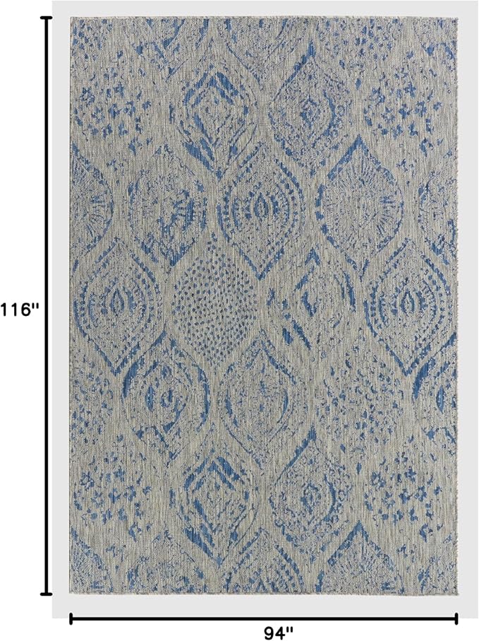 FH Home Outdoor Area Rug - Waterproof Easy to Clean Stain Resistant - Patio Indoor Outdoor Porch Deck Balcony Entryway - Distressed Farmhouse - Granada - Blue - 7ft 8in x 9ft 8in