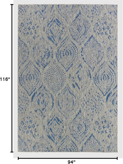 FH Home Outdoor Area Rug - Waterproof Easy to Clean Stain Resistant - Patio Indoor Outdoor Porch Deck Balcony Entryway - Distressed Farmhouse - Granada - Blue - 7ft 8in x 9ft 8in