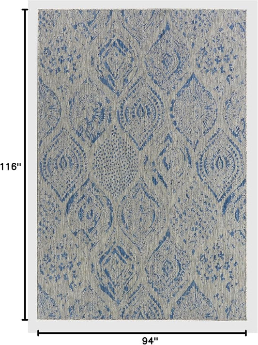 FH Home Outdoor Area Rug - Waterproof Easy to Clean Stain Resistant - Patio Indoor Outdoor Porch Deck Balcony Entryway - Distressed Farmhouse - Granada - Blue - 7ft 8in x 9ft 8in
