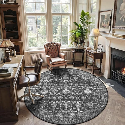 6ft Round Washable Area Rugs for Living Room, Vintage Boho Large Rug for Bedroom Dining Room Office, Distressed Floral Print Carpet for Under Table, Soft Non Slip Low Pile Throw Indoor Mat, Black