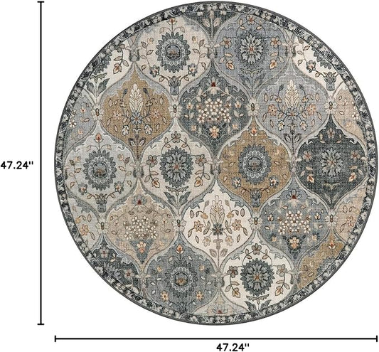 Lahome Moroccan Trellis Washable Round Rugs, Non-Slip Soft Round Rug 4ft Ultra-Thin, Small Vintage Circle Carpet for Entryway Kitchen Bedroom Nursery Bathroom, Grey