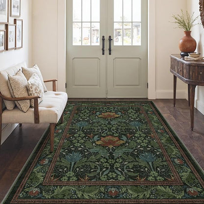 Bavni 5x7 Area Rugs for Living Room, Microfiber Machine Washable Non-Slip Vintage Floral Rug, Low Pile Lightweight Carpet for Bedroom, Dining Room, Home Office, Dark Green