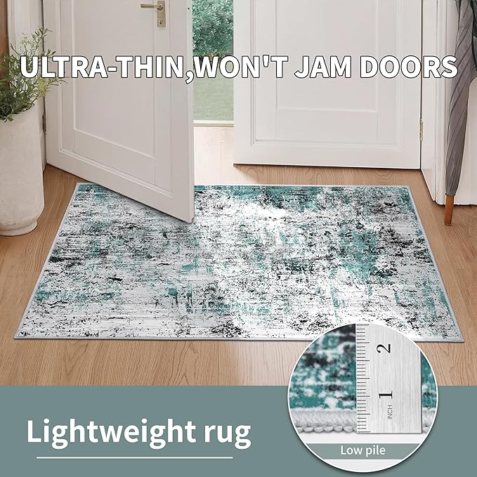 Ciicool Modern Abstract Rug for Living Room, 5'x7' Machine Washable Area Rug Teal Black Non-Slip Accent Rug, Low-Pile Contemporary Indoor Dining Floor Carpet for Bedroom Office Under Table Home Decor
